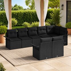Black 8-Piece Outdoor Sofa Set with Cushions and Glass Table