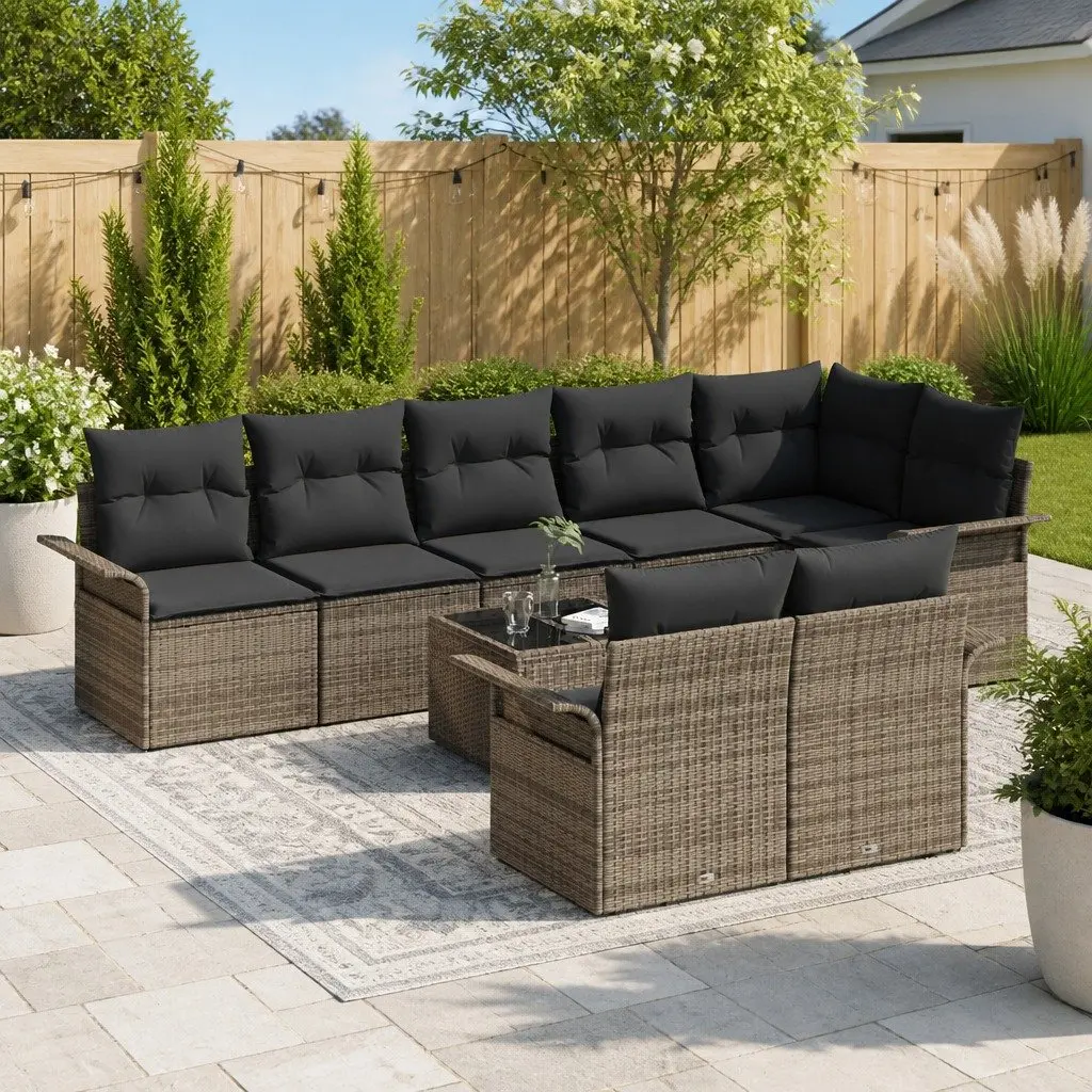 9 Piece Grey Poly Rattan Garden Sofa Set
