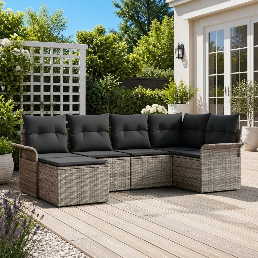 Garden Sofa Set Poly Rattan Grey 6 Piece Modular Outdoor Furniture with Storage