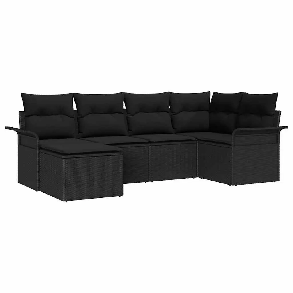 6-Piece Black Poly Rattan Garden Sofa Set