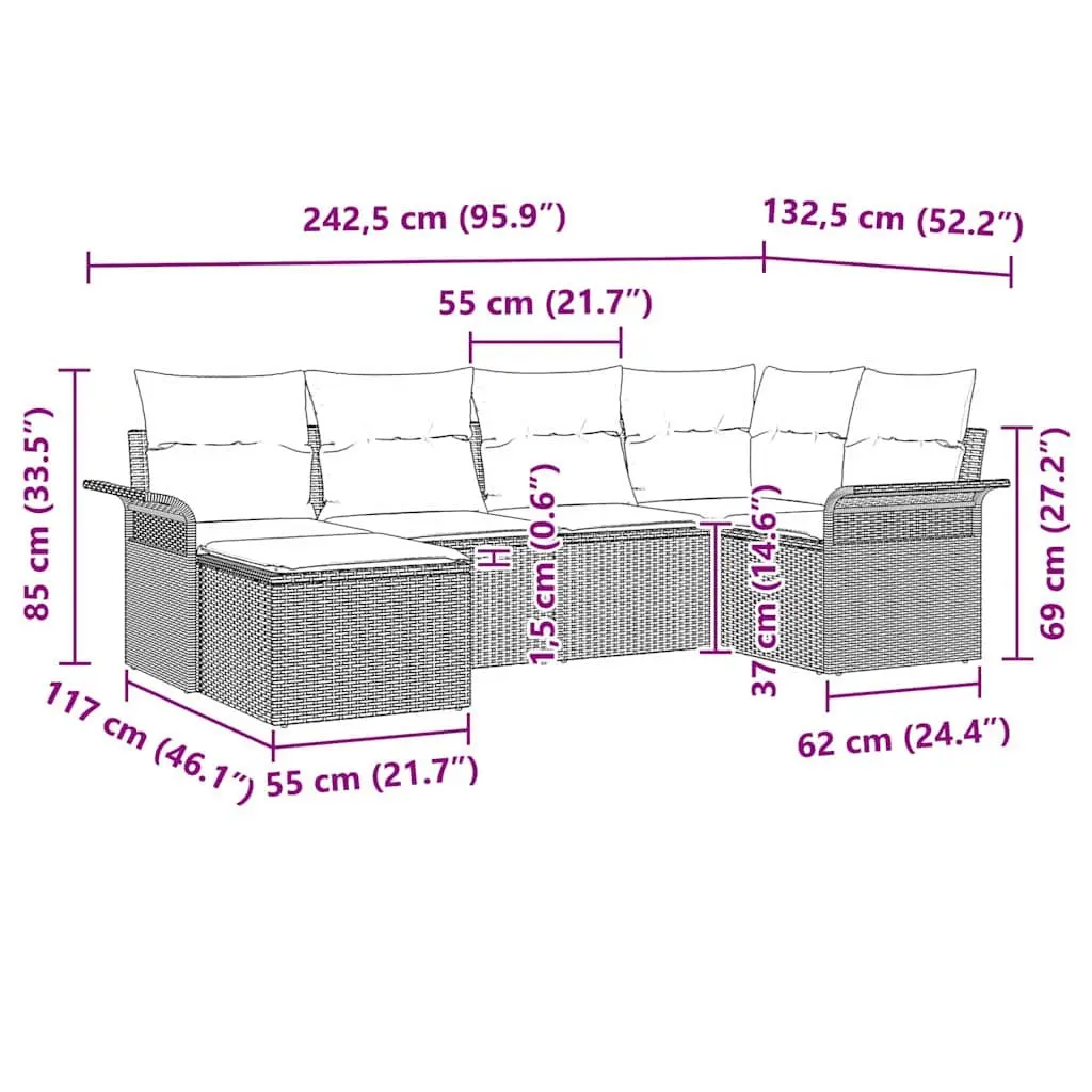 6-Piece Black Poly Rattan Garden Sofa Set