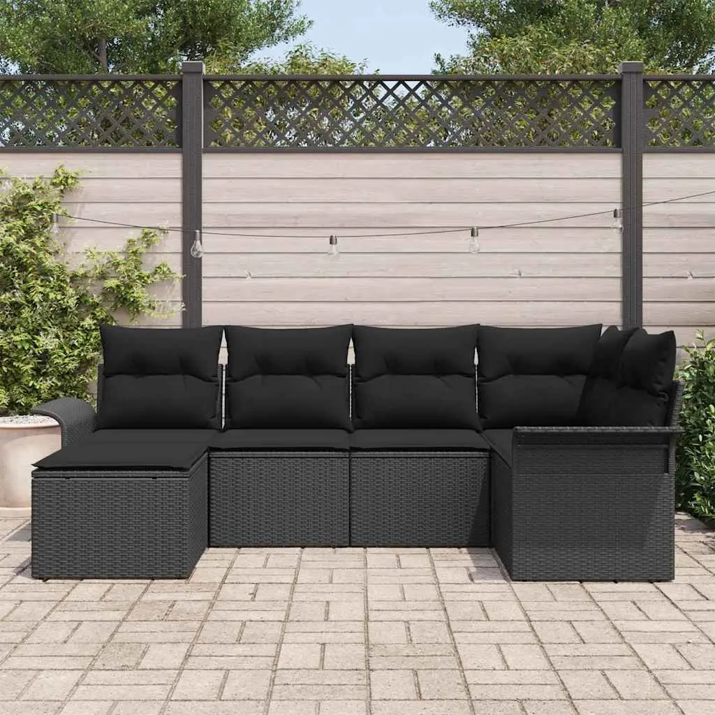 6-Piece Black Poly Rattan Garden Sofa Set