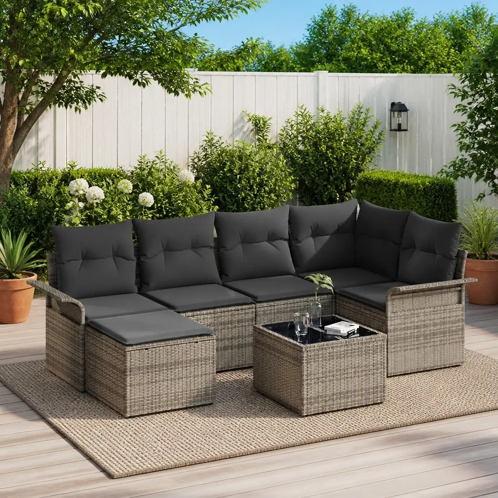 7-Piece Grey Poly Rattan Garden Sofa Set with Cushions
