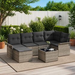 7-Piece Grey Poly Rattan Garden Sofa Set with Cushions