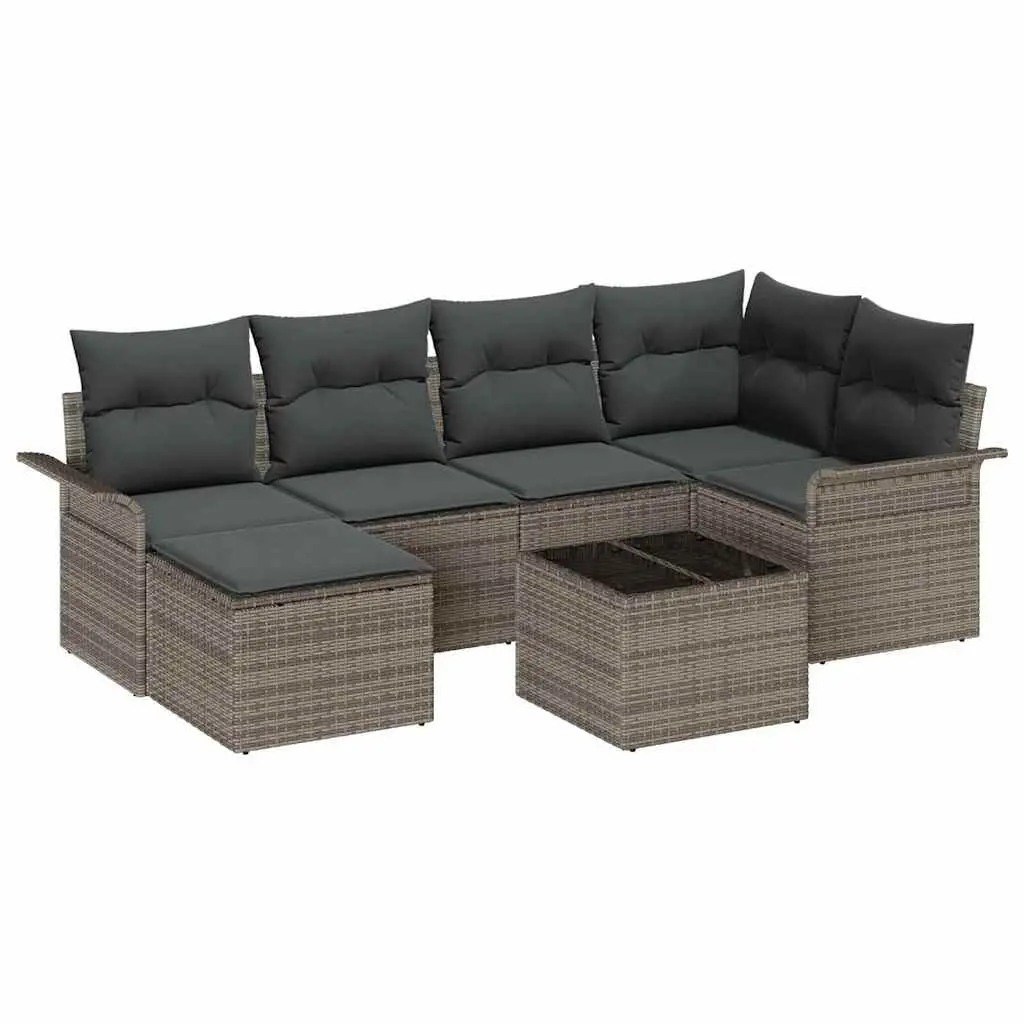 7-Piece Grey Poly Rattan Garden Sofa Set with Cushions