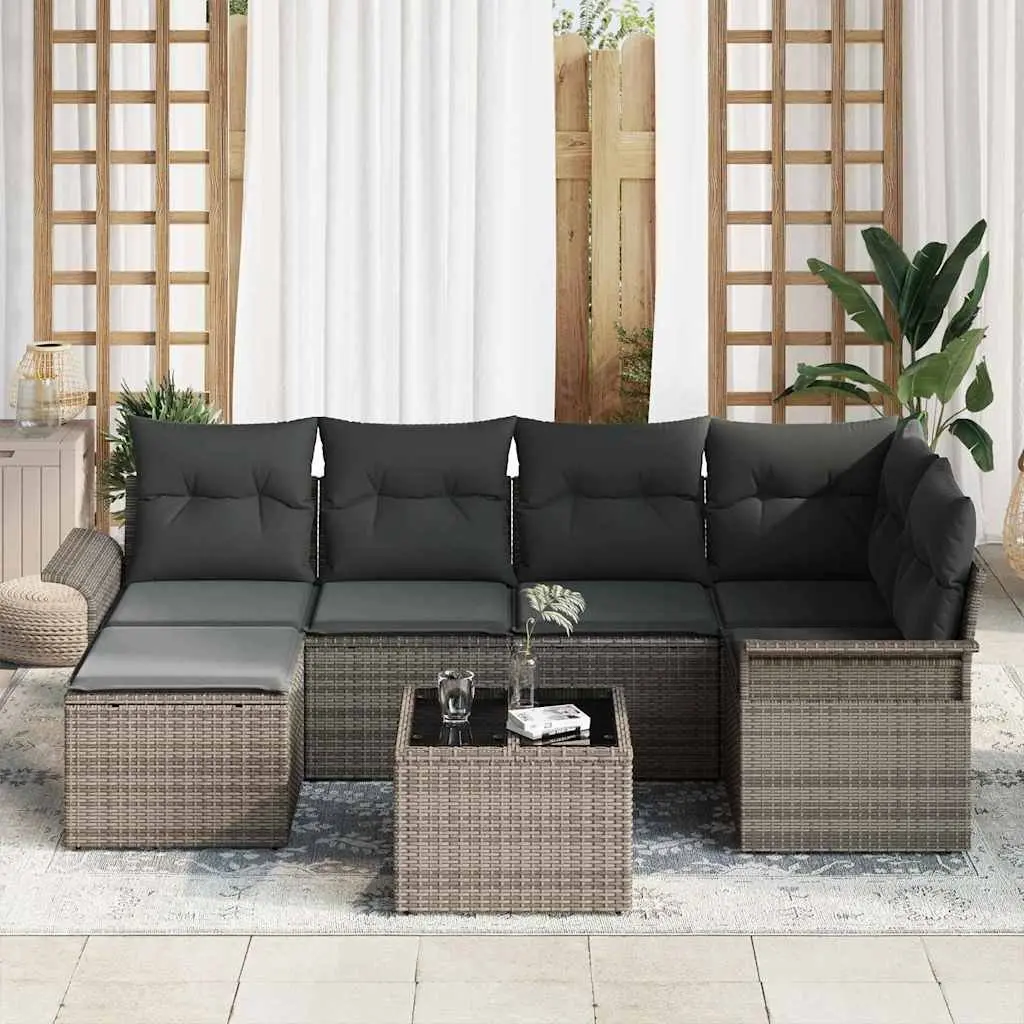 7-Piece Grey Poly Rattan Garden Sofa Set with Cushions