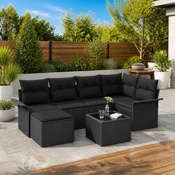7 Piece Black Poly Rattan Garden Sofa Set with Storage