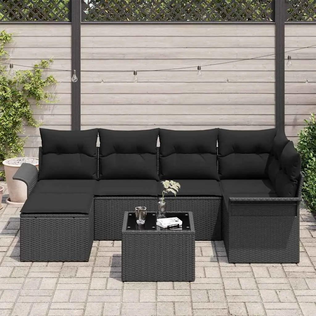 7 Piece Black Poly Rattan Garden Sofa Set with Storage
