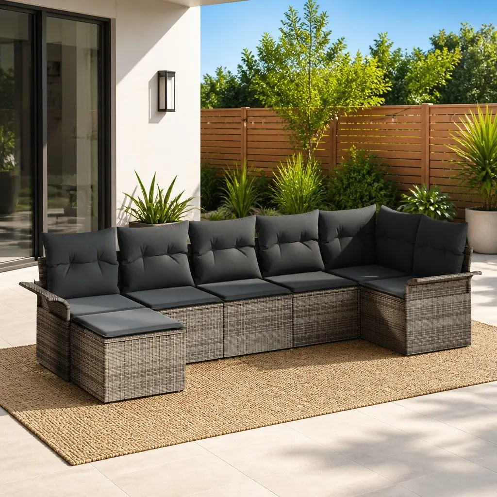 Grey Poly Rattan 7-Piece Garden Sofa Set with Cushions