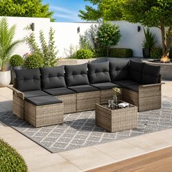 Durable 8-Piece Grey Poly Rattan Garden Sofa Set