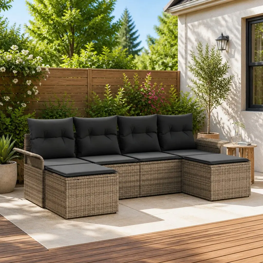 6-Piece Grey Poly Rattan Garden Sofa Set with Cushions