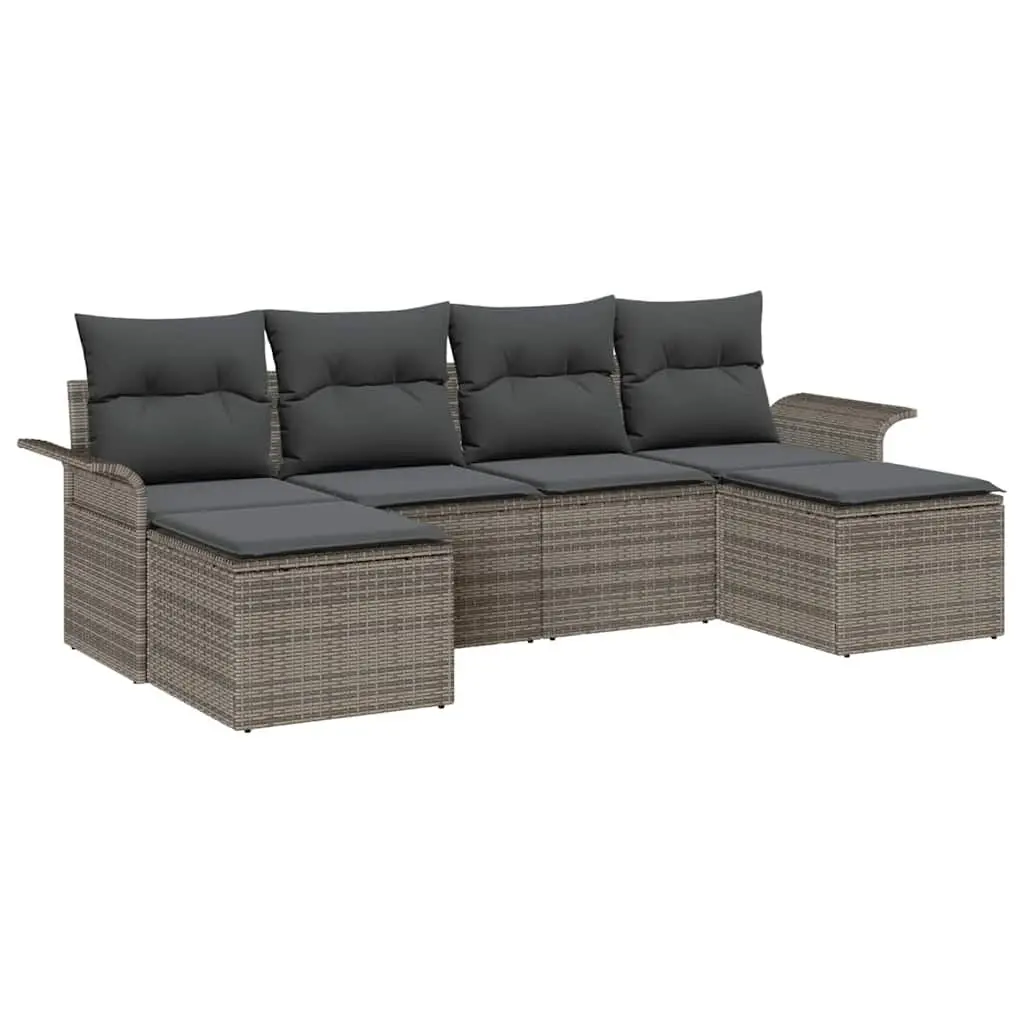 6-Piece Grey Poly Rattan Garden Sofa Set with Cushions