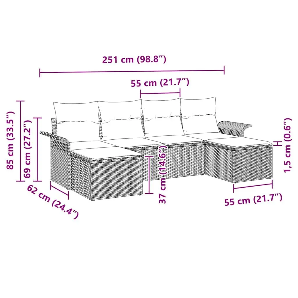 6-Piece Grey Poly Rattan Garden Sofa Set with Cushions