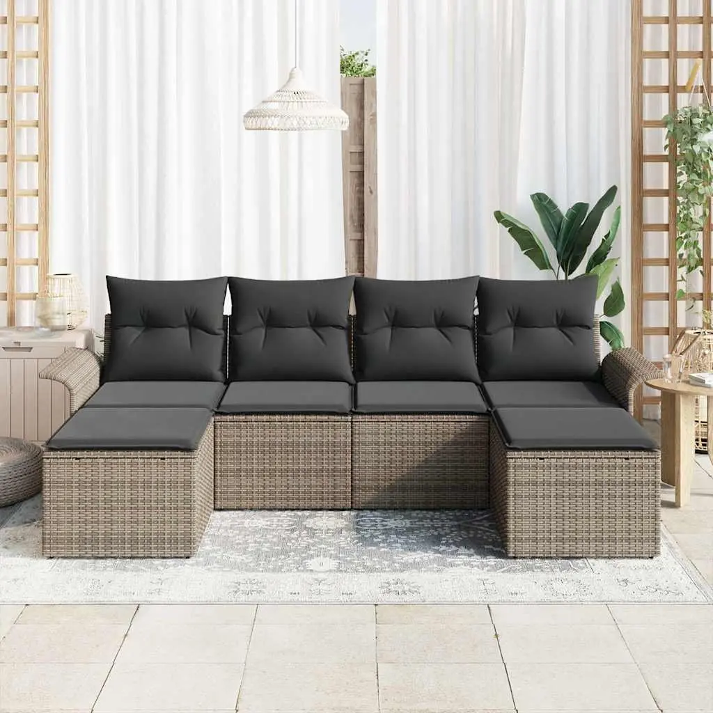 6-Piece Grey Poly Rattan Garden Sofa Set with Cushions