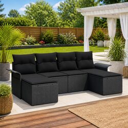 6 Piece Black Poly Rattan Outdoor Sofa Set with Cushions