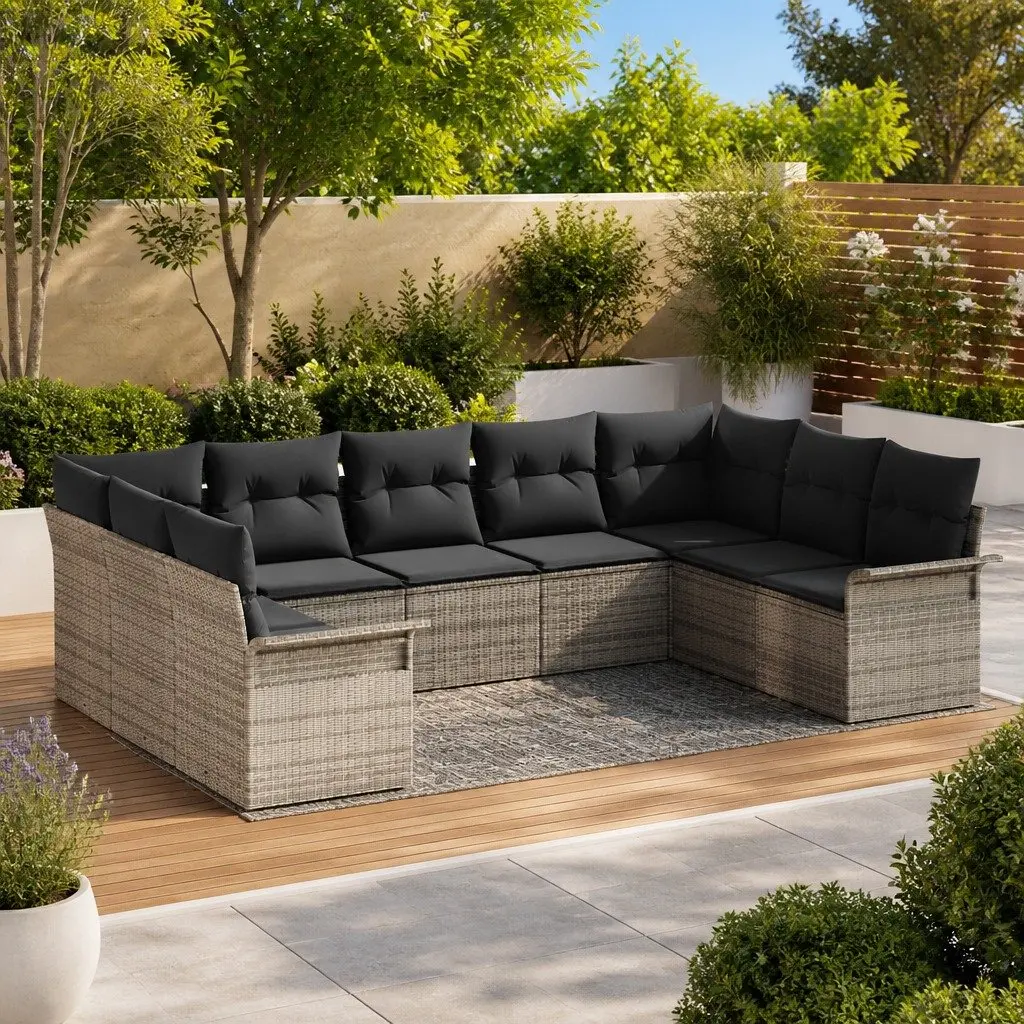 Garden Sofa Set Poly Rattan Grey with Cushion Tempered Glass