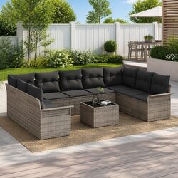 Durable 10-Piece Grey Poly Rattan Garden Sofa Set