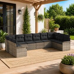 10-Piece Grey Poly Rattan Garden Sofa Set for Outdoor Spaces