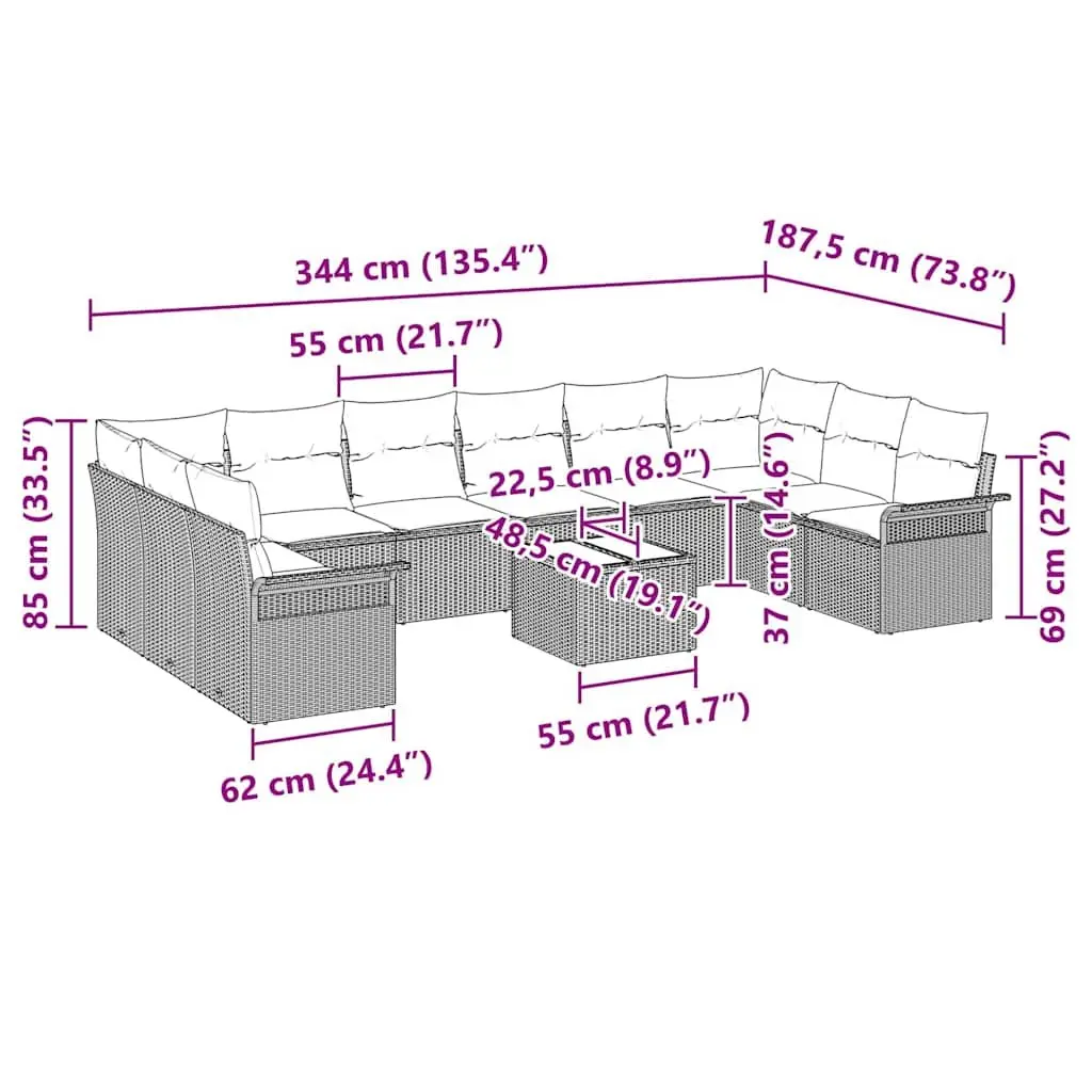 11-Piece Grey Poly Rattan Garden Sofa Set