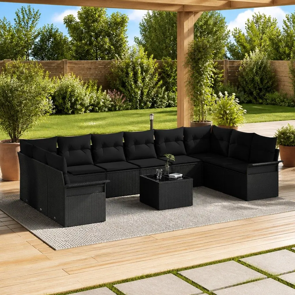 11-Piece Black Poly Rattan Garden Sofa Set
