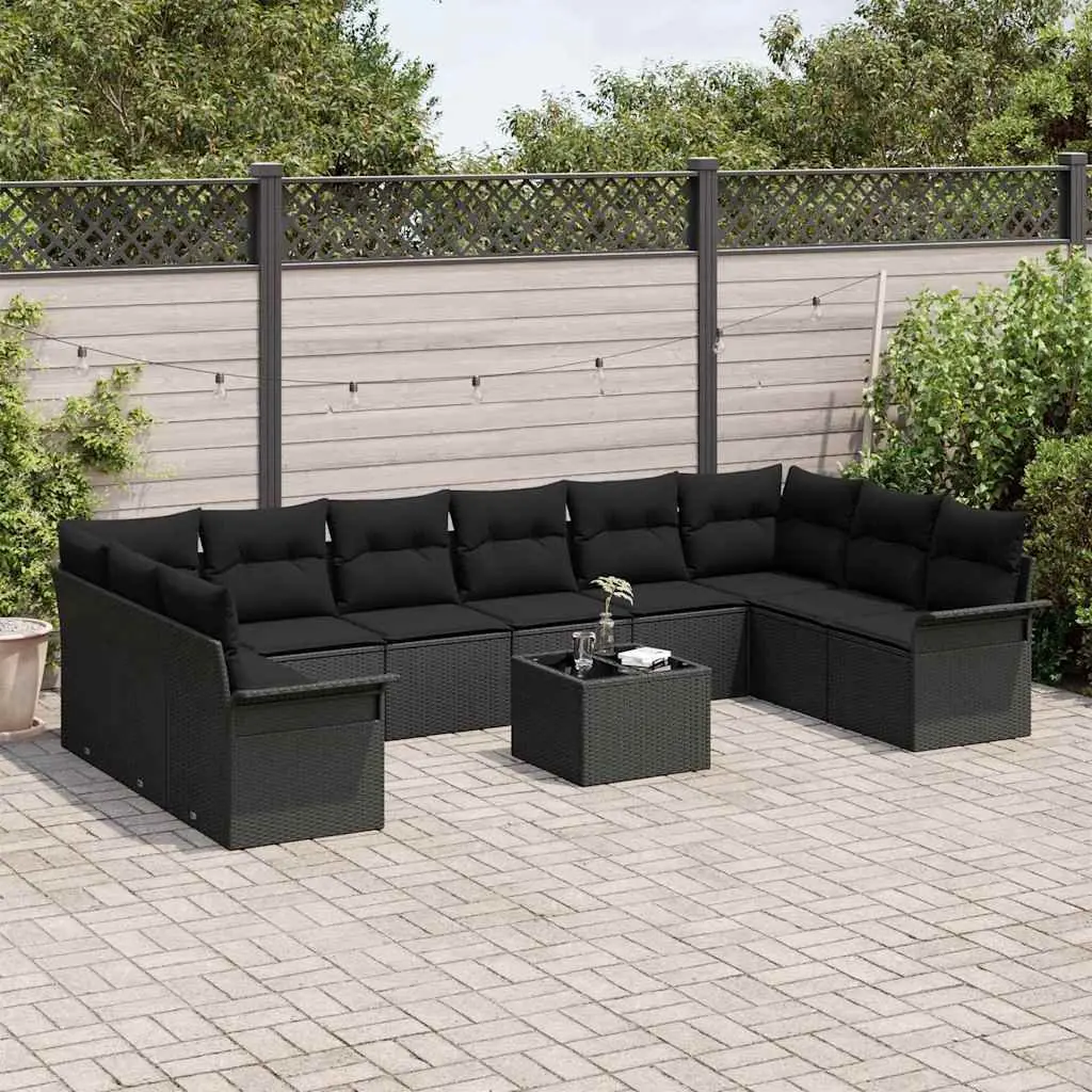 11-Piece Black Poly Rattan Garden Sofa Set