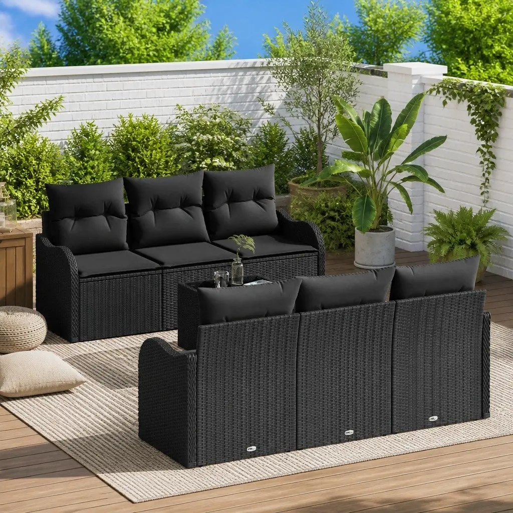 Black Poly Rattan Garden Sofa Set with Glass Table