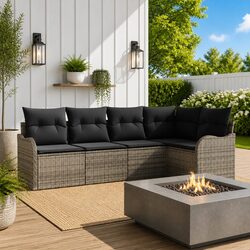 Durable Grey Poly Rattan 5-Piece Garden Sofa Set