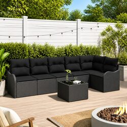 Sturdy 7-Piece Black Poly Rattan Outdoor Sofa Set