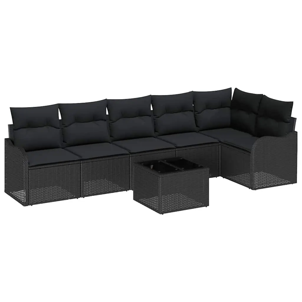 7-Piece Black Poly Rattan Outdoor Sofa Set