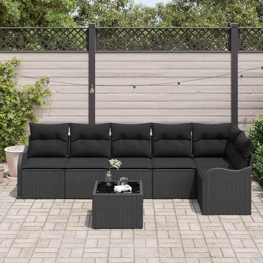 7-Piece Black Poly Rattan Outdoor Sofa Set