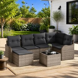7 Piece Modular Garden Sofa Set - Grey Poly Rattan