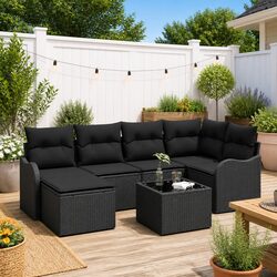 Premium 7 Piece Black Poly Rattan Garden Sofa Set