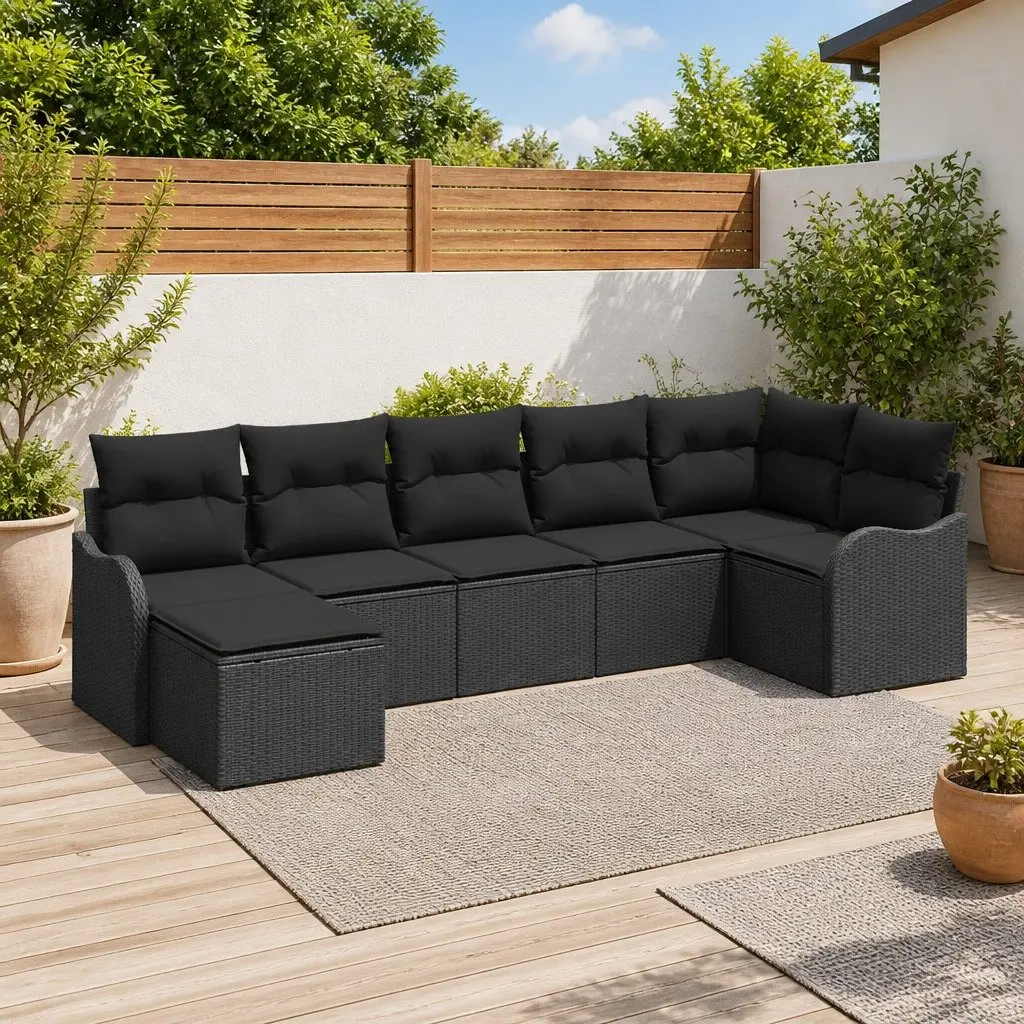 7-Piece Black Poly Rattan Outdoor Sofa Set