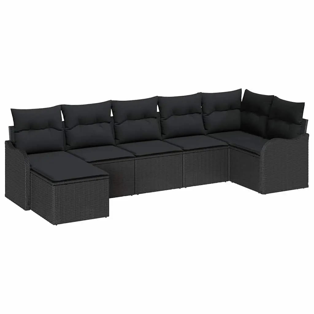 7-Piece Black Poly Rattan Outdoor Sofa Set