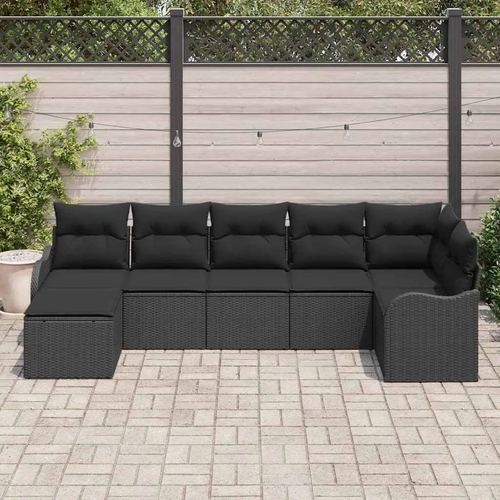 7-Piece Black Poly Rattan Outdoor Sofa Set