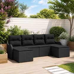 6-Piece Black Poly Rattan Garden Sofa Set