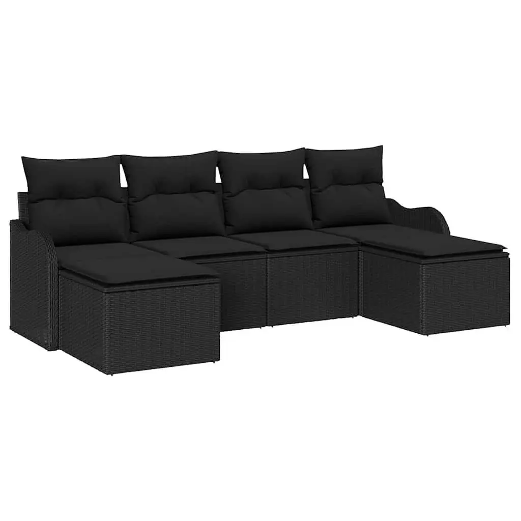6-Piece Black Poly Rattan Garden Sofa Set