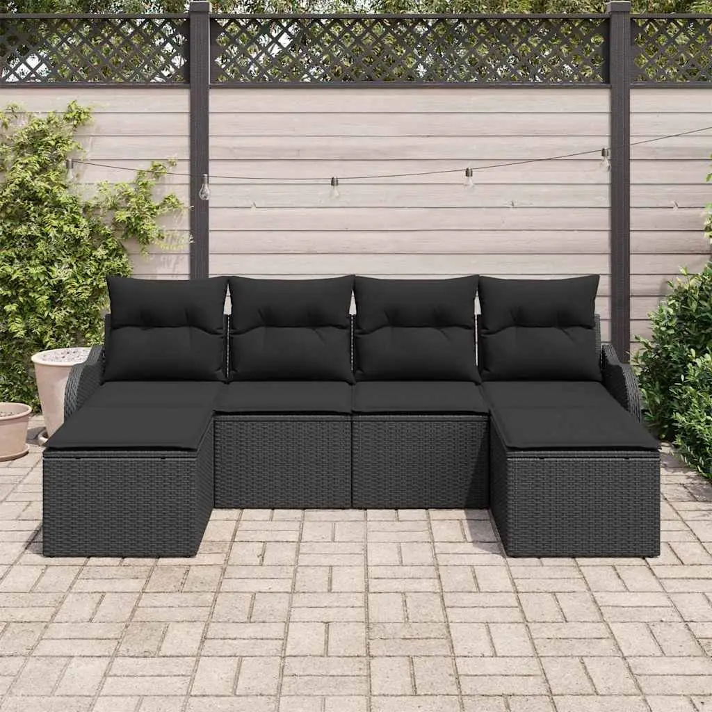6-Piece Black Poly Rattan Garden Sofa Set