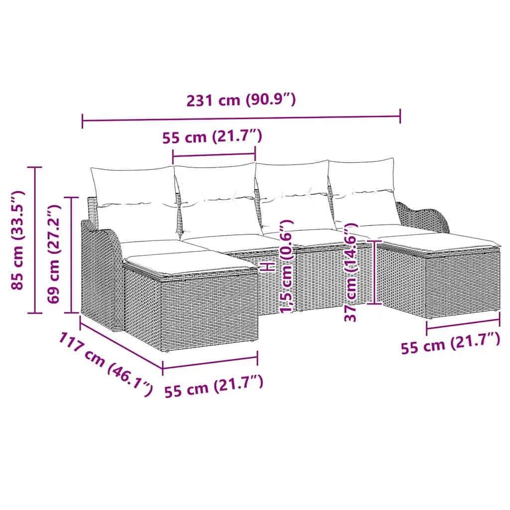 6-Piece Black Poly Rattan Garden Sofa Set