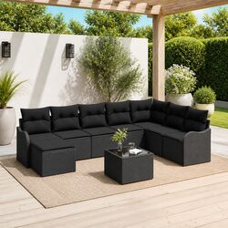 9-Piece Outdoor Garden Sofa Set in Black Poly Rattan