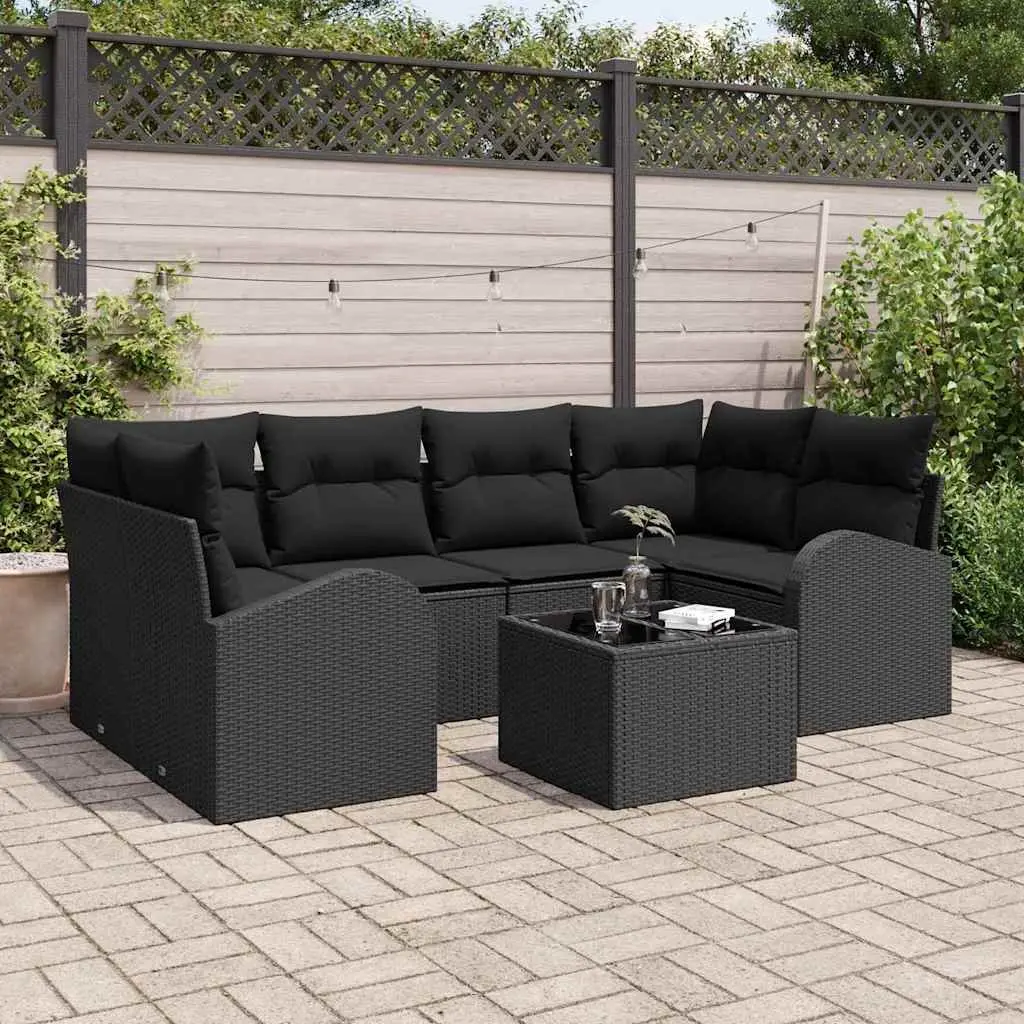 Modular Black Poly Rattan Garden Sofa Set with Glass Table