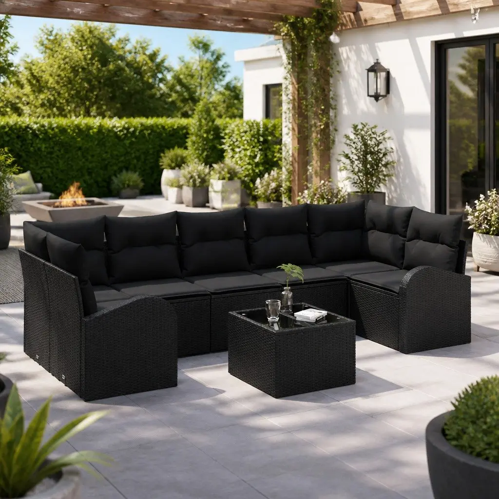 Black Modular Outdoor Garden Sofa Set with Glass Table