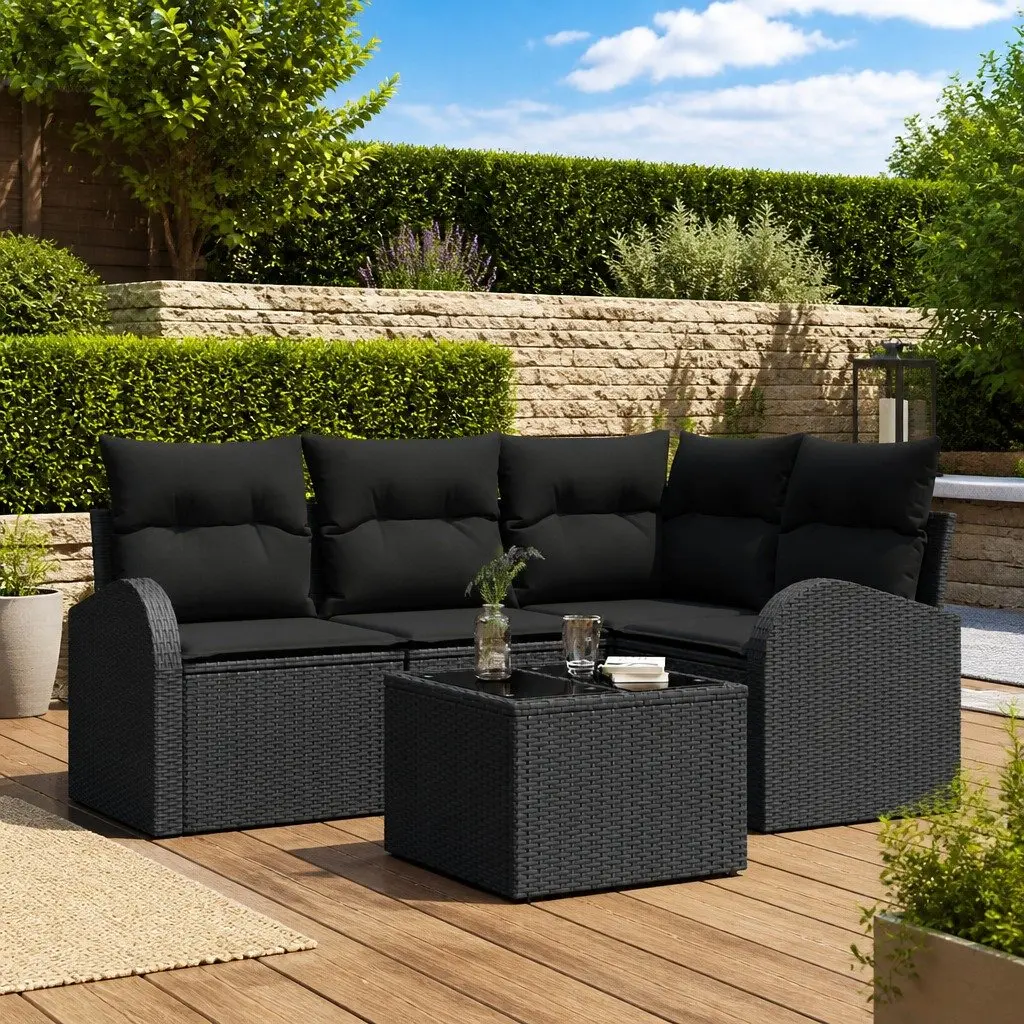 Garden Sofa Set Poly Rattan 5 Piece Black Outdoor Furniture