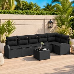 7 Piece Black Poly Rattan Garden Sofa Set for Outdoors