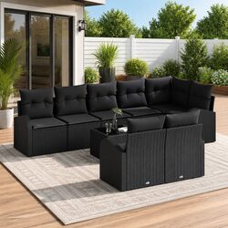 9-Piece Black Modular Garden Sofa Set in Poly Rattan