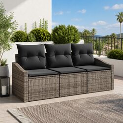 3-Piece Grey Poly Rattan Garden Sofa Set