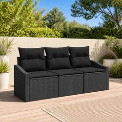 Durable 3-Piece Black Poly Rattan Outdoor Sofa Set