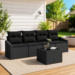 Durable 5-Piece Black Poly Rattan Outdoor Sofa Set
