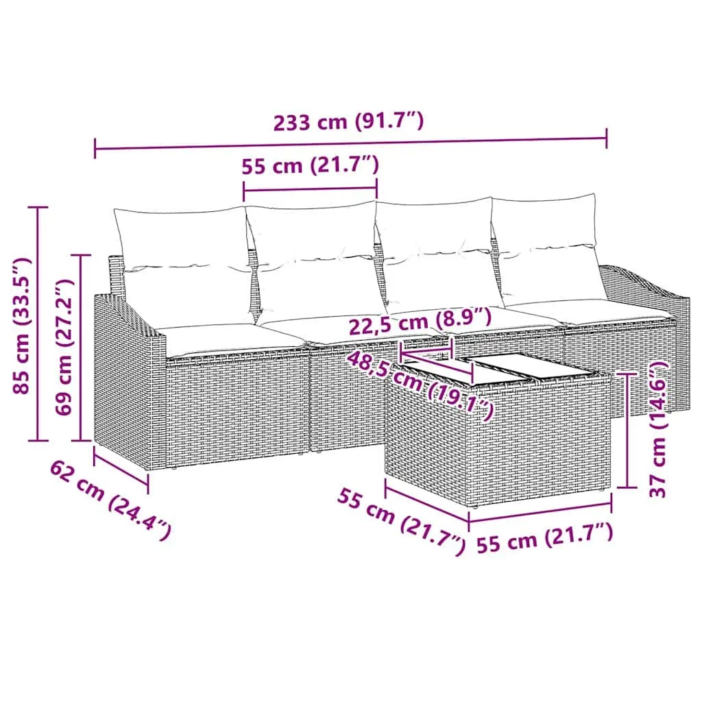 5-Piece Black Poly Rattan Outdoor Sofa Set