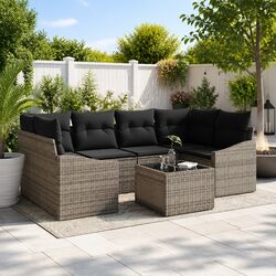 Outdoor Sofa Set 7 Pieces Grey Poly Rattan Modular Garden Furniture with